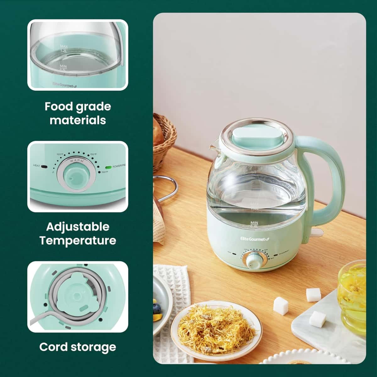 Elite Gourmet EKT1220M 1.2L Electric BPA-Free 1200W Glass Kettle, Temperature Dial Keep Warm Function, Cordless 360° Base, Blue LED Interior, Auto Shut-Off Function – Quick Boil, Mint