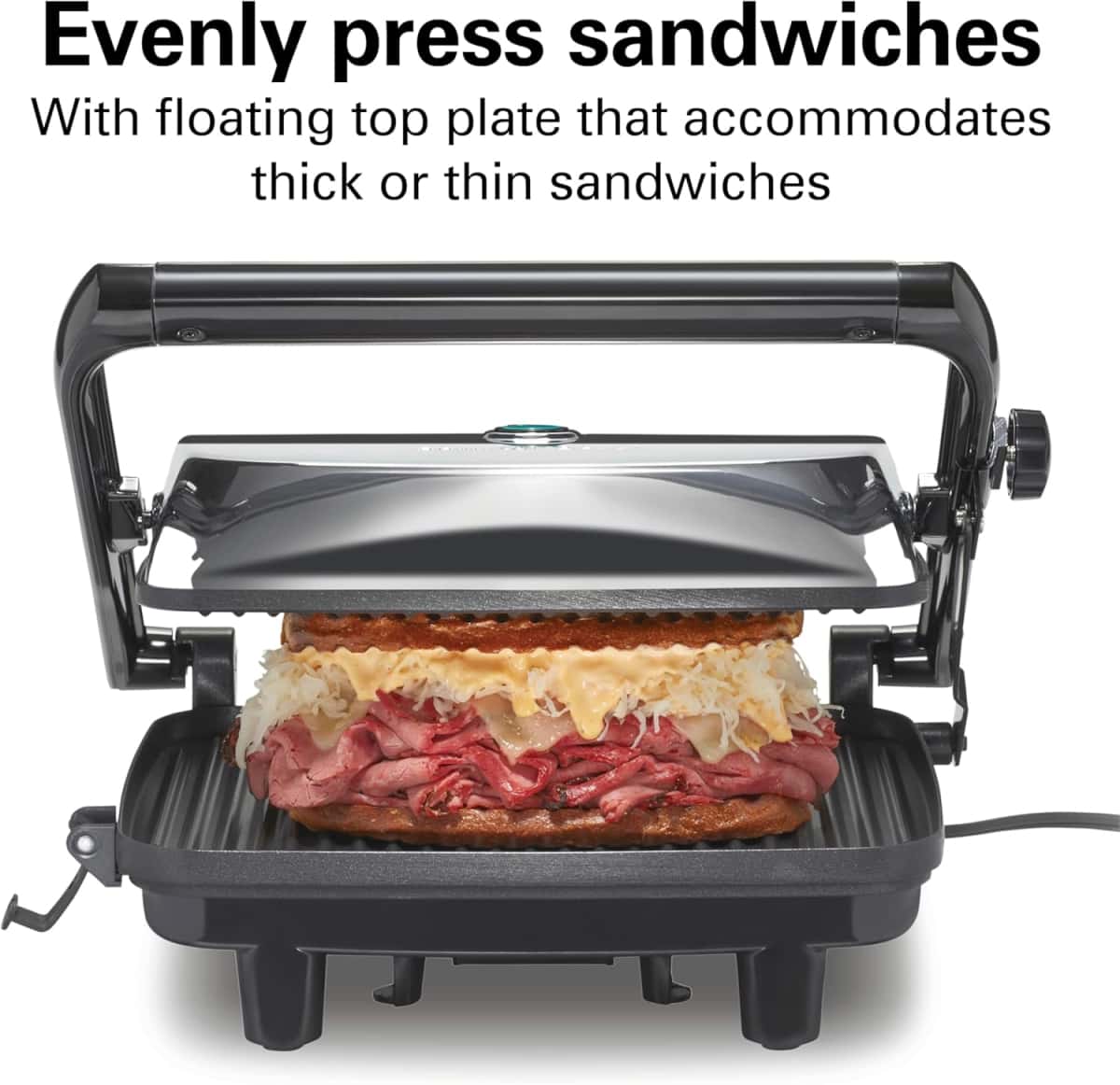 Hamilton Beach Panini Press Sandwich Maker & Electric Indoor Grill with Locking Lid, Opens Wide to Fit Any Thickness for Quesadillas, Burgers & More, Nonstick 8" x 10" Grids, Chrome (25460AG)