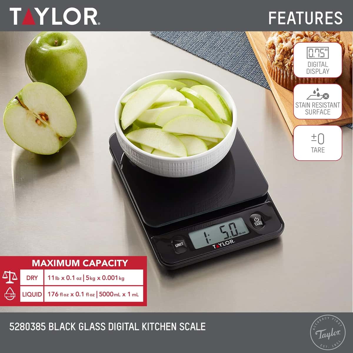 Taylor Glass Top Food Scale with Touch Controls, 11 lb Capacity, Sleek Black Design for Precision Food Measurement in Grams and Ounces