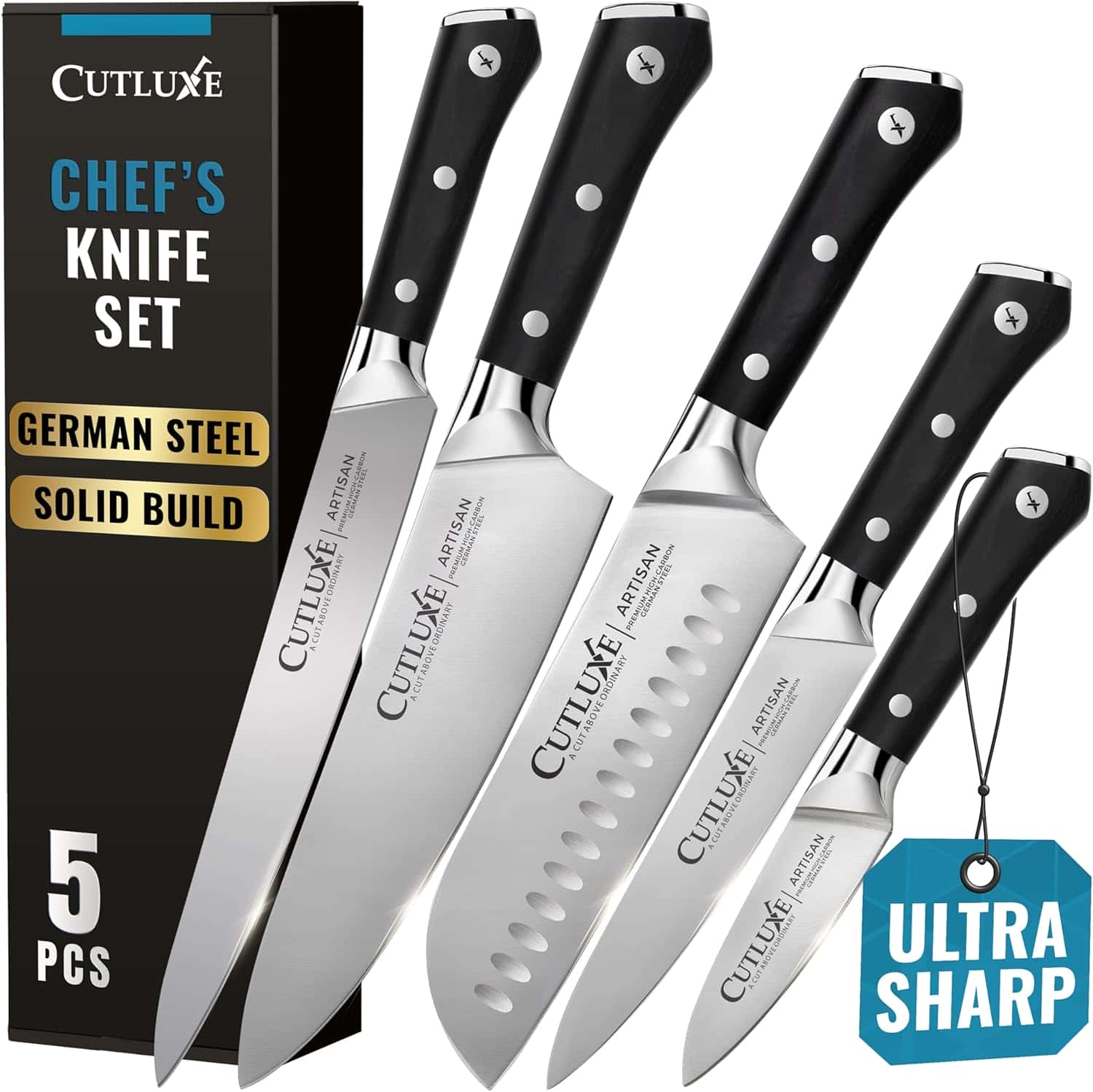 Cutluxe Kitchen Knives, 5 Pcs Chef's Knife Set – Razor Sharp German Steel, Full Tang, Ergonomic Handles – Artisan Series