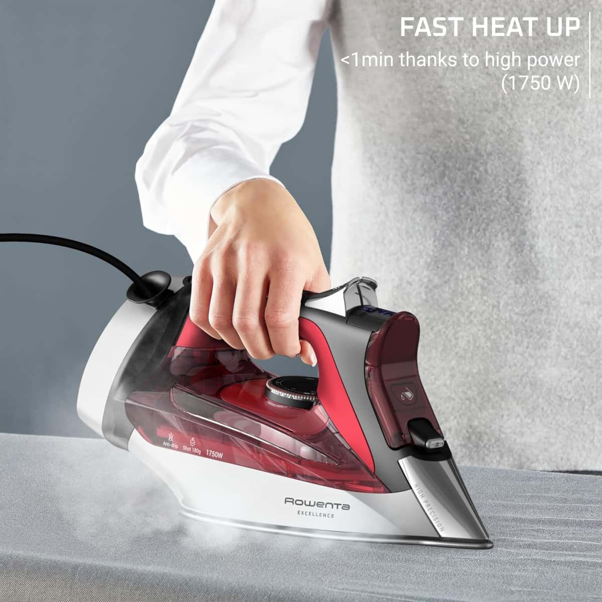 Rowenta Iron, Focus Excellence Stainless Steel Soleplate Steam Iron for Clothes, Retractable Cord, 400+ Microsteam Holes, Powerful steam, LED Display, 1750 W Ironing Clothes, Cordreel, Red DW5433