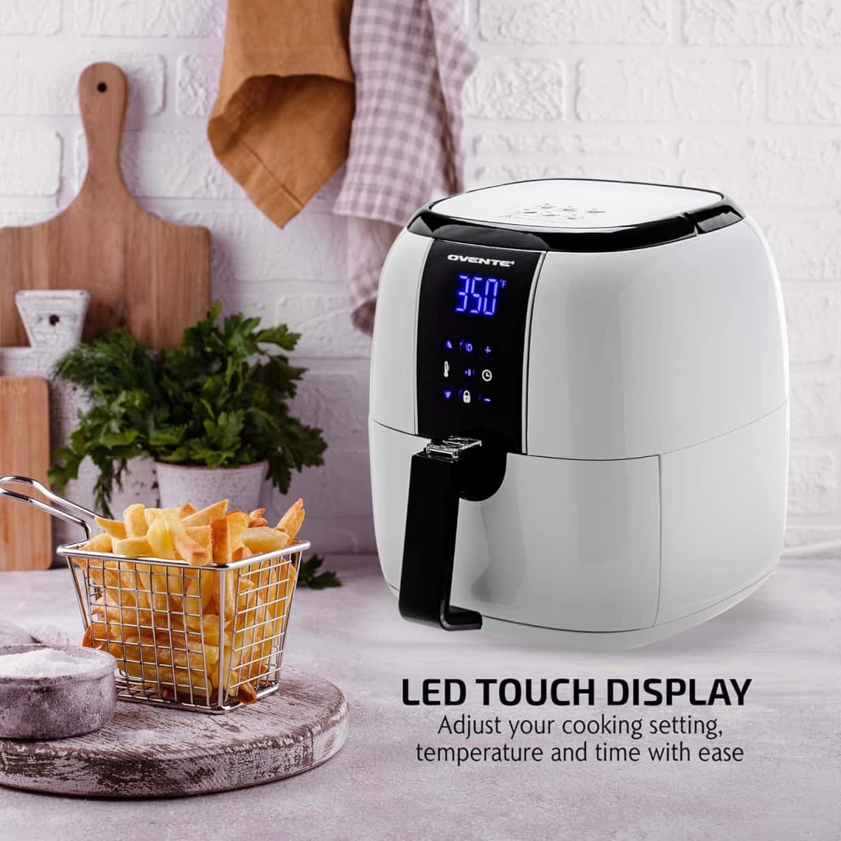 OVENTE Compact Air Fryer, 3.2 Quart Electric Hot Cooker with 1400W Power, Digital LED Touch Screen, Auto Shutoff, Dishwasher Safe Non-Stick Basket, Perfect for Healthy & Oilless Food, White FAD61302W