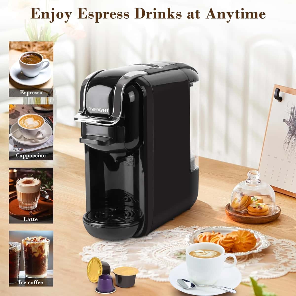 Espresso Maker for Nespresso Capsule, Lavazza Blue Capsule & Coffee Powder, 19 Bar Pump Pressure Makes Authentic Espresso Coffee, Mini Espresso Coffee Machines with Removable Water Tank.
