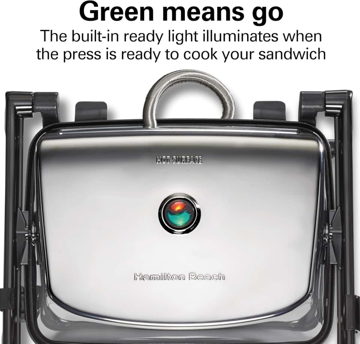 Hamilton Beach Panini Press Sandwich Maker & Electric Indoor Grill with Locking Lid, Opens Wide to Fit Any Thickness for Quesadillas, Burgers & More, Nonstick 8" x 10" Grids, Chrome (25460AG)