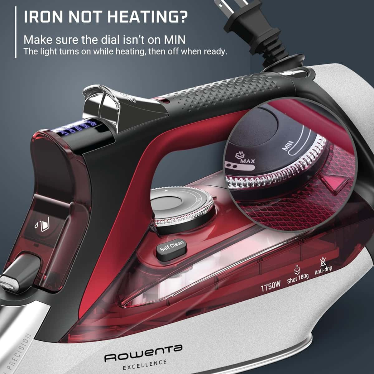 Rowenta Iron, Focus Excellence Stainless Steel Soleplate Steam Iron for Clothes, Retractable Cord, 400+ Microsteam Holes, Powerful steam, LED Display, 1750 W Ironing Clothes, Cordreel, Red DW5433