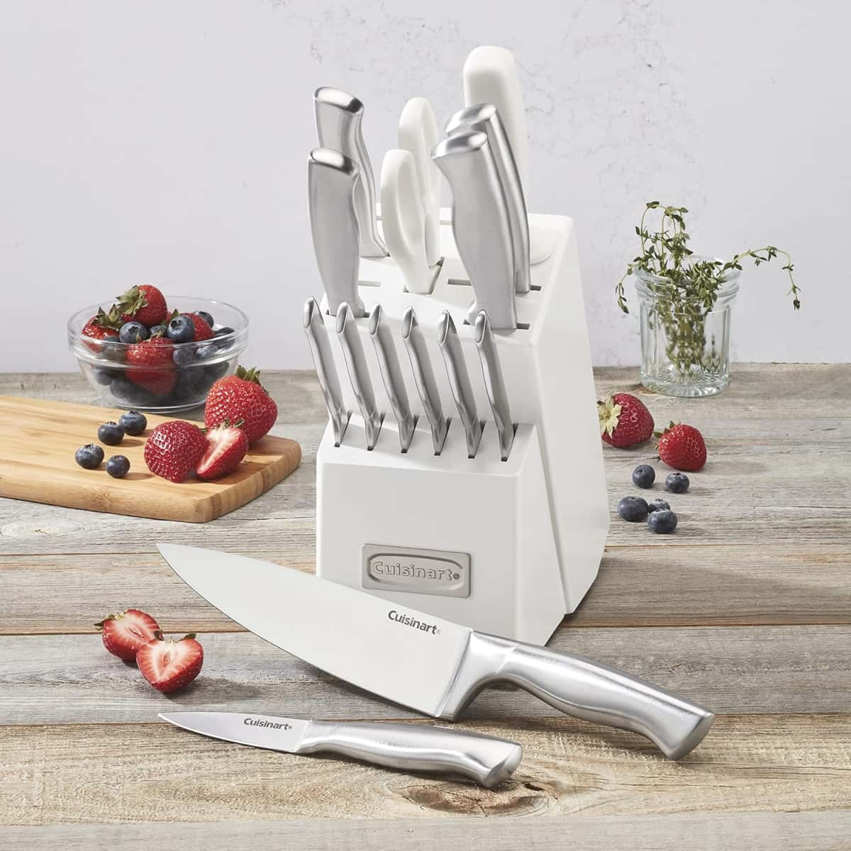 Cuisinart Professional Block Knife Set, 15pc Cutlery Knife Set with Steel Blades for Precise Cutting, Lightweight, Stainless Steel Durable & Dishwasher Safe, White