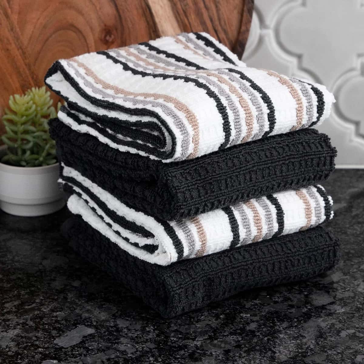 T-Fal Premium Kitchen Towel (4-Pack), 16"x26" Highly Absorbent, Super Soft Long Lasting 100% Cotton Solid/Check Hand Towels, Tea Towels, Charcoal