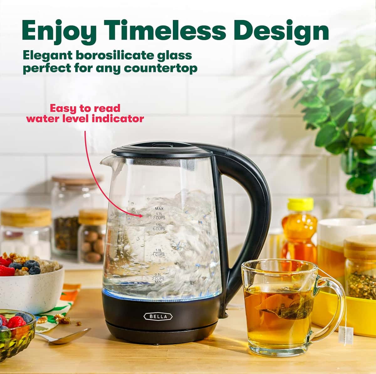 bella 1.7 Liter Glass Electric Kettle, Quickly Boil 7 Cups of Water in 6-7 Minutes, Soft Blue LED Lights Illuminate While Boiling, Cordless Portable Water Heater, Carefree Auto Shut-Off, Black