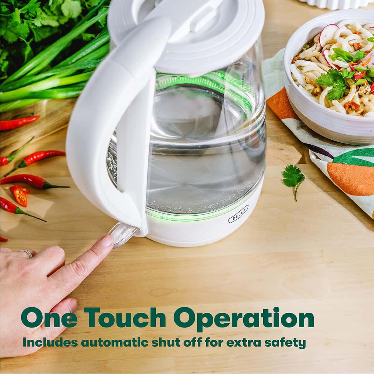 BELLA 1.7 Liter Glass Electric Kettle, Quickly Boil 7 Cups of Water in 6-7 Minutes, Soft Green LED Lights Illuminate While Boiling, Cordless Portable Water Heater, Carefree Auto Shut-Off, White