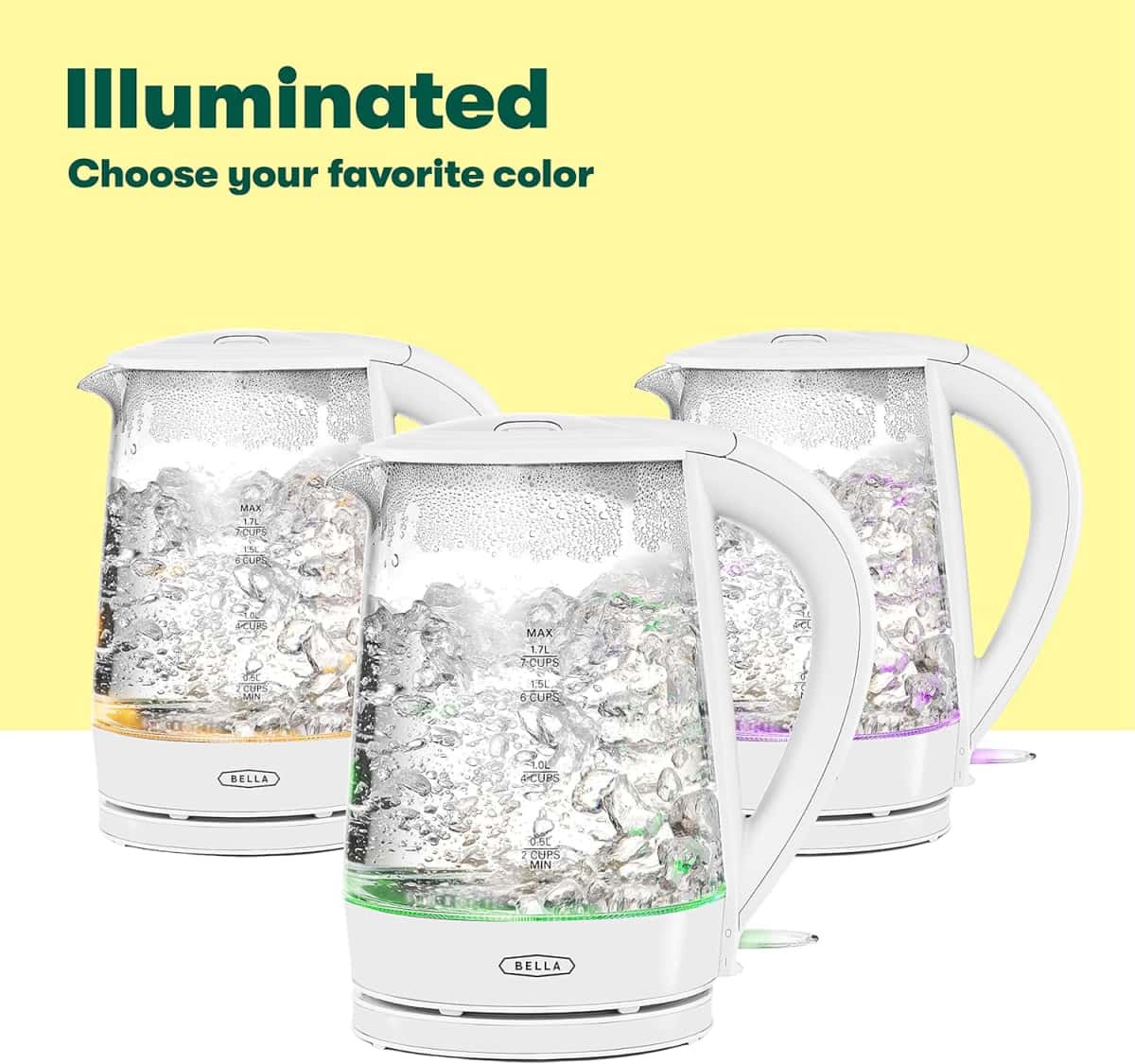 BELLA 1.7 Liter Glass Electric Kettle, Quickly Boil 7 Cups of Water in 6-7 Minutes, Soft Green LED Lights Illuminate While Boiling, Cordless Portable Water Heater, Carefree Auto Shut-Off, White