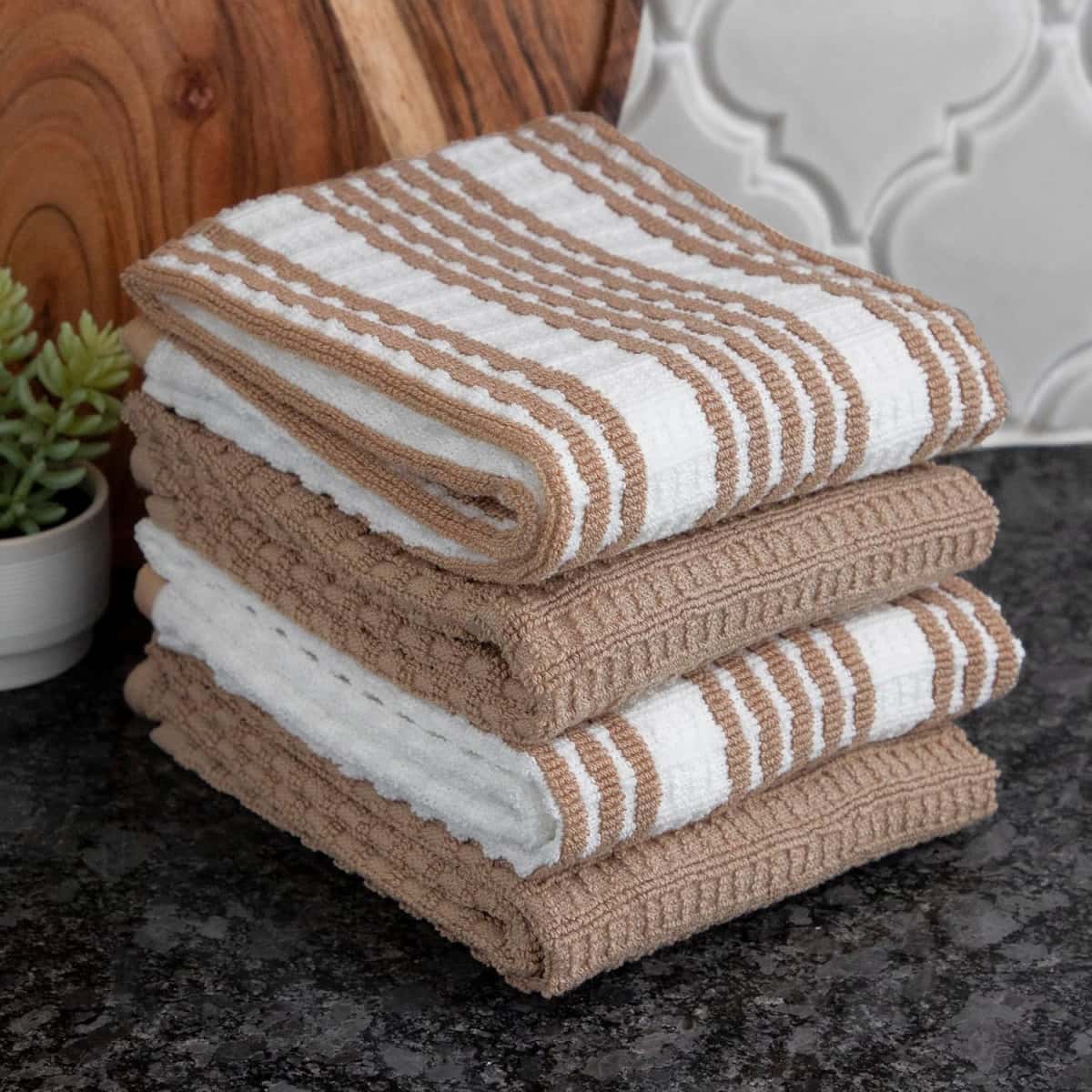 T-Fal Premium Kitchen Towel (4-Pack), 16"x26" Highly Absorbent, Super Soft Long Lasting 100% Cotton Solid/Check Hand Towels, Tea Towels, Sand