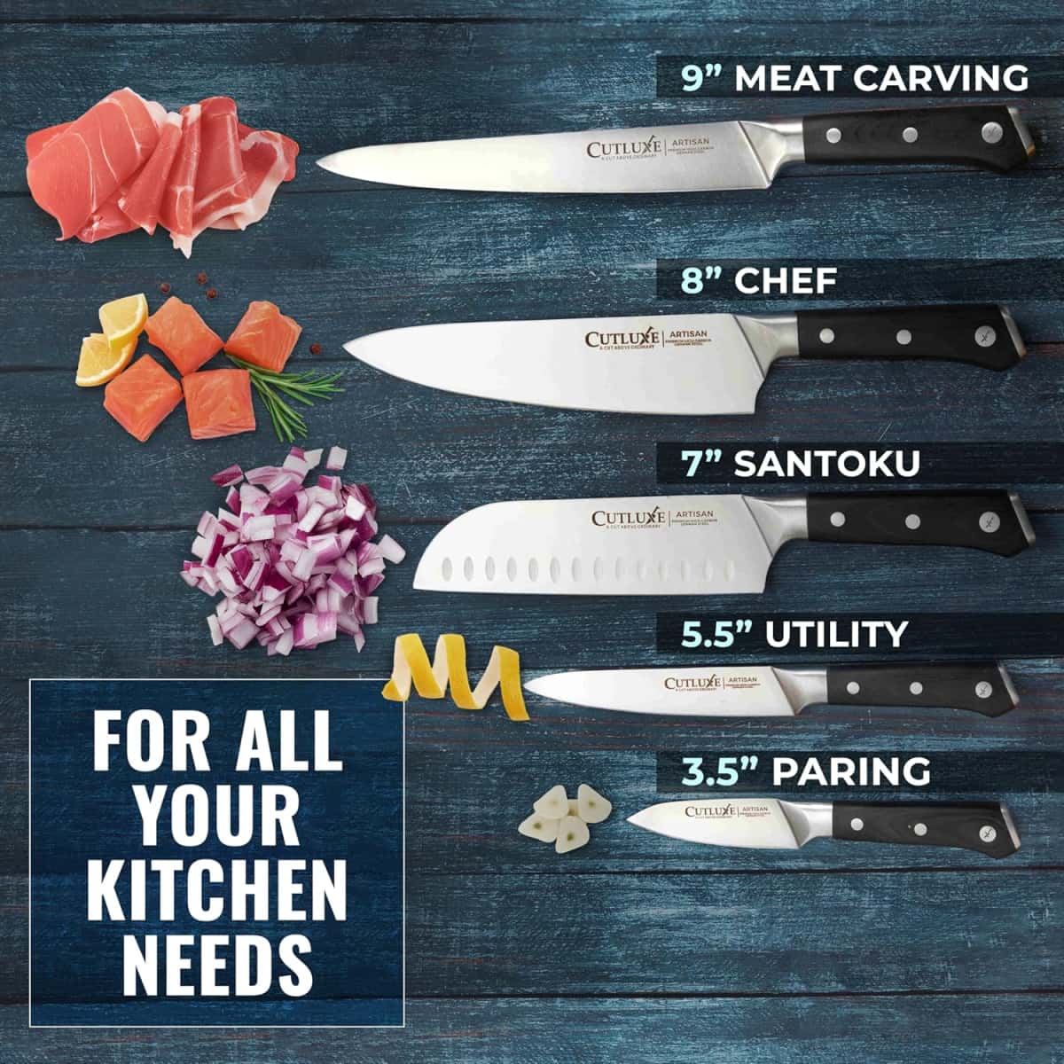 Cutluxe Kitchen Knives, 5 Pcs Chef's Knife Set – Razor Sharp German Steel, Full Tang, Ergonomic Handles – Artisan Series