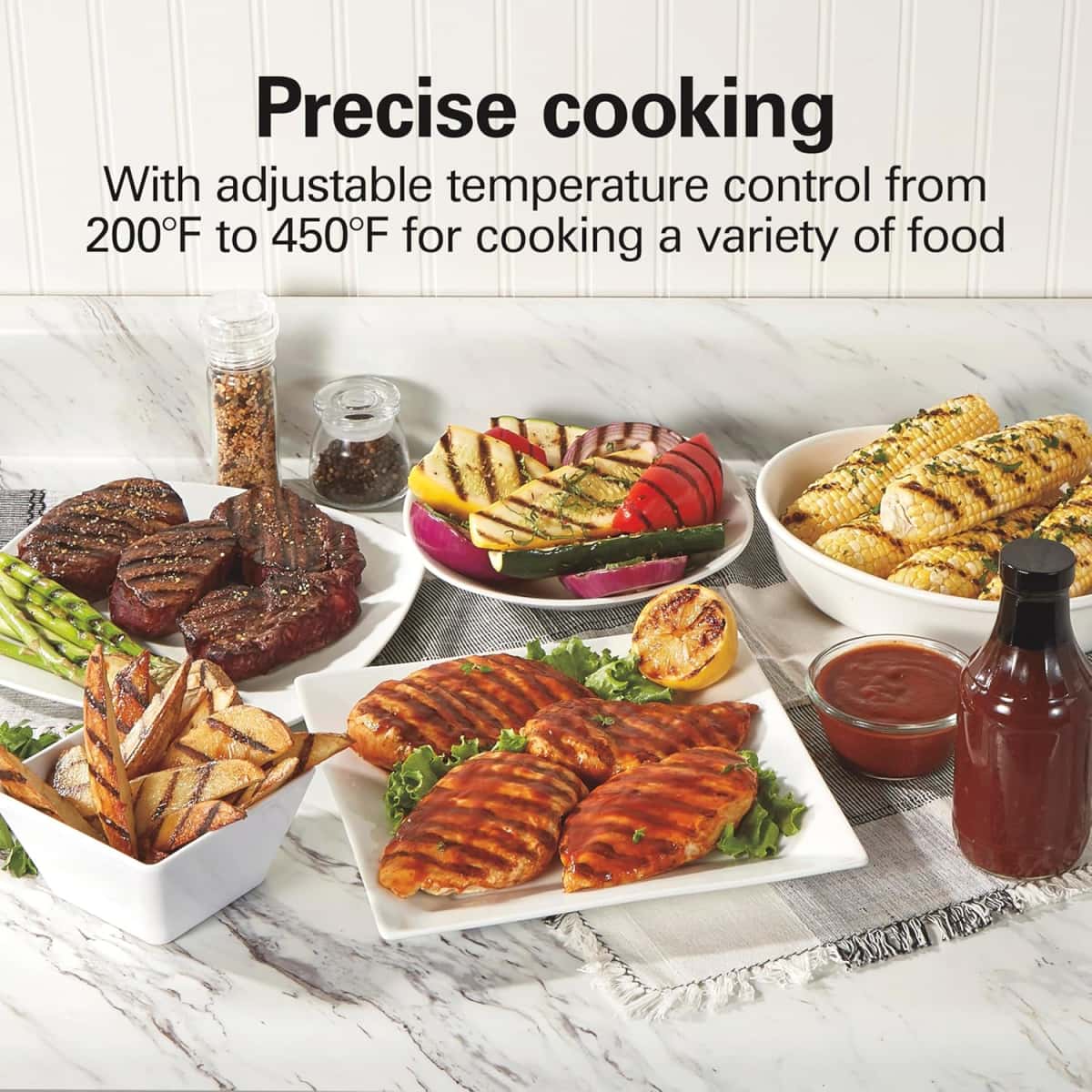 Hamilton Beach Electric Indoor Searing Grill with Viewing Window & Adjustable Temperature Control to 450F, 118 sq. in. Surface Serves 6, PFAS-Free Removable Nonstick Grate, Stainless Steel