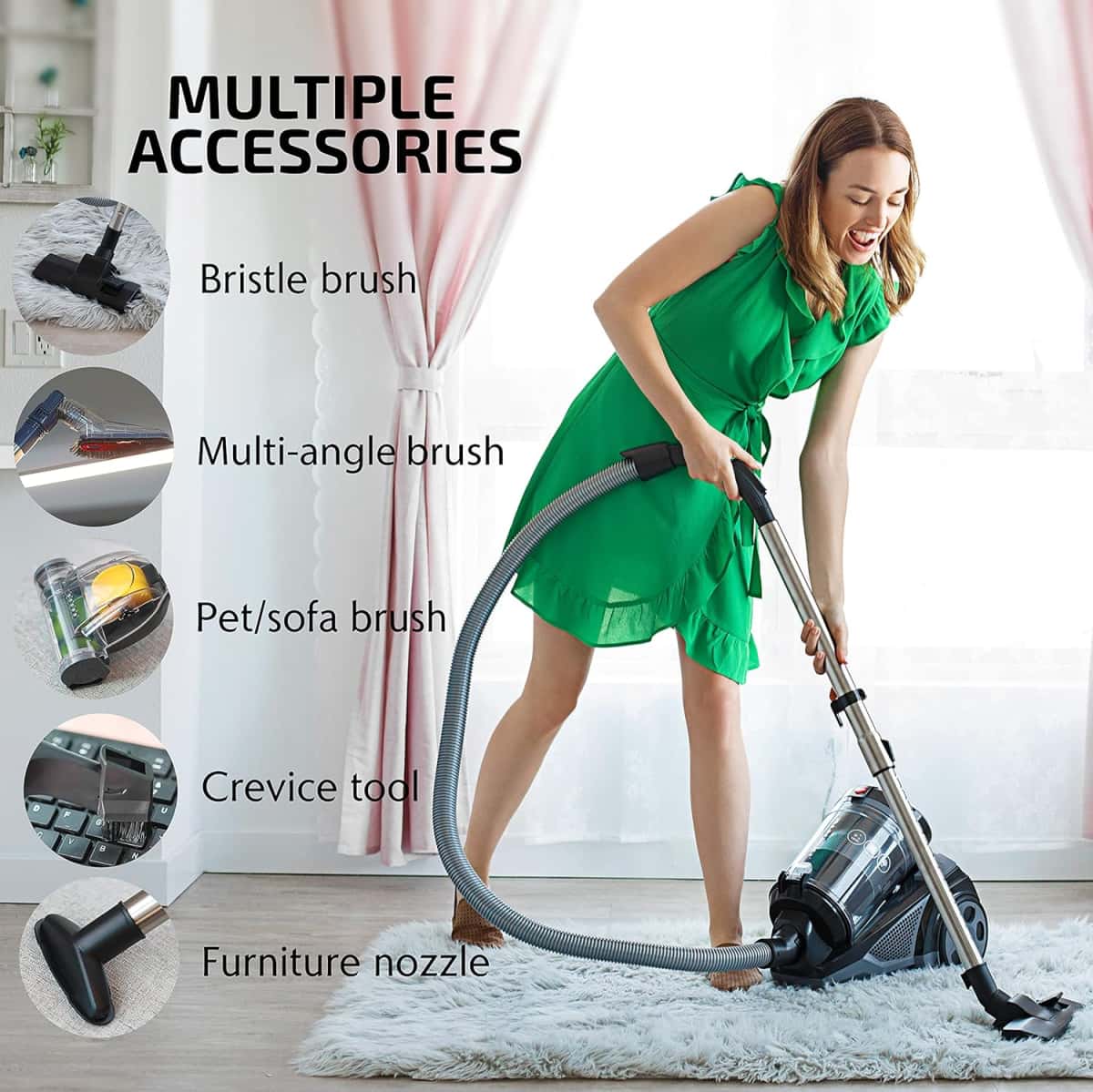 OVENTE Bagless Canister Vacuum Cleaner with 3L Dust Cup, Powerful Suction, Telescoping Wand, Retractable Cord and Accessories, 1400W Lightweight Cleaning Machine for Carpet & Hard Floor, Black ST2620B