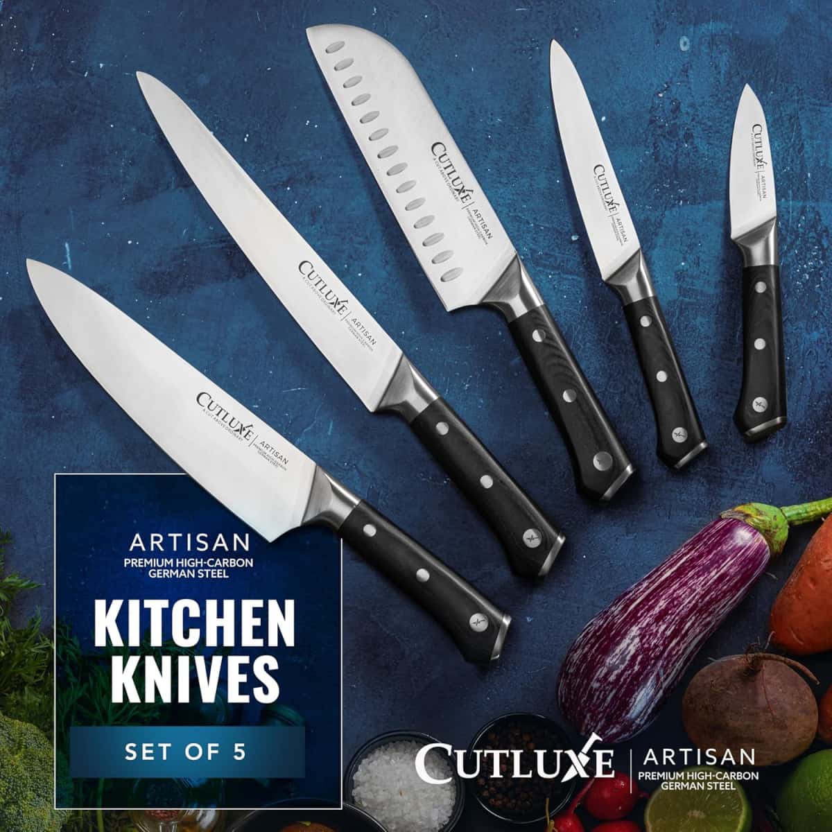Cutluxe Kitchen Knives, 5 Pcs Chef's Knife Set – Razor Sharp German Steel, Full Tang, Ergonomic Handles – Artisan Series