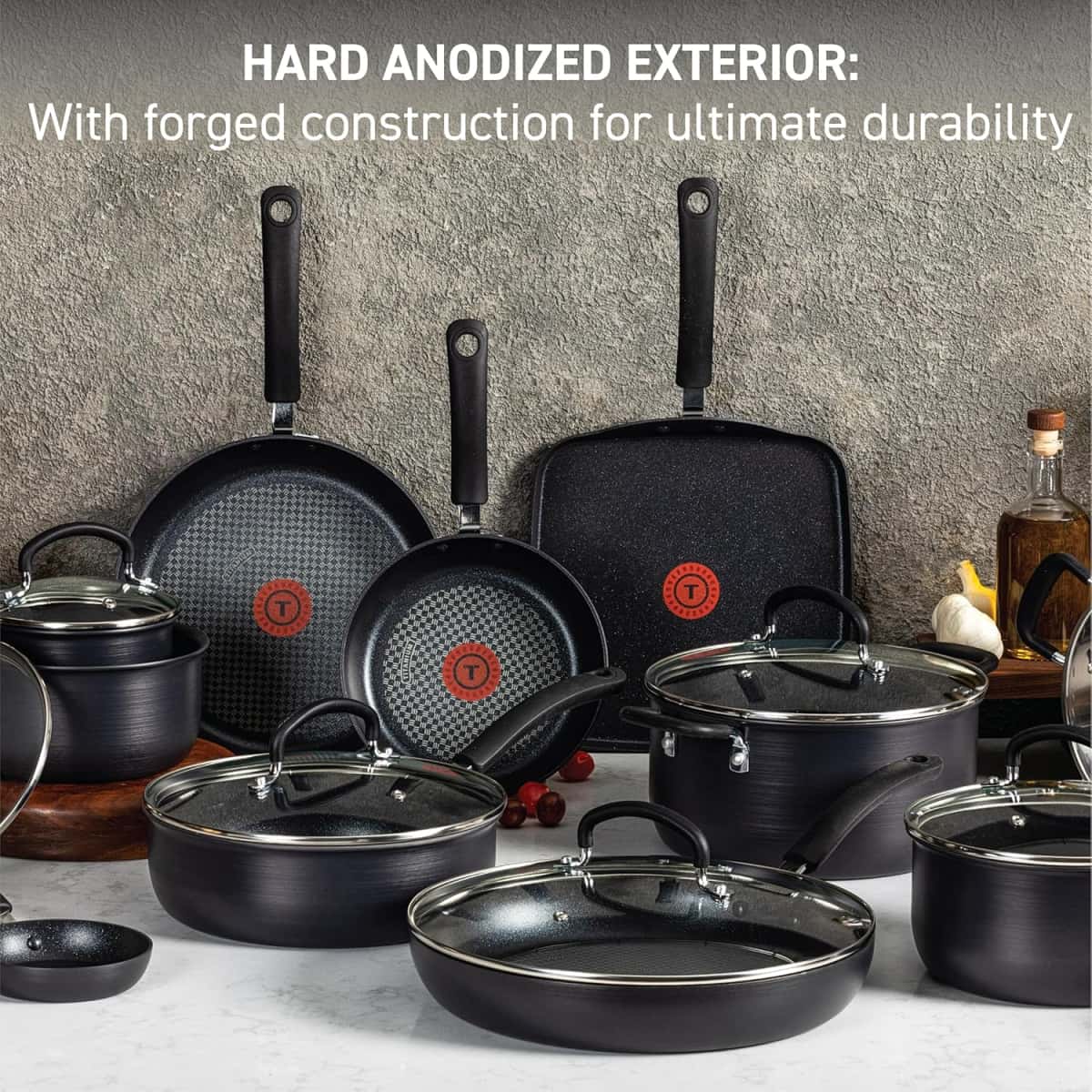 T-fal Ultimate Hard Anodized Nonstick Cookware Set 14 Piece, Oven Broiler Safe 400F, Lid Safe 350F, Kitchen Cooking Set w/Fry Pans, Saucepans, Griddle, Dutch Oven, Pots & Pans, Dishwasher Safe, Black